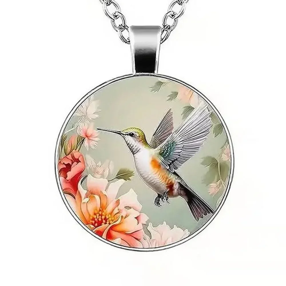 Silver HUMMINGBIRD Glass Cabochon Pendant Necklace